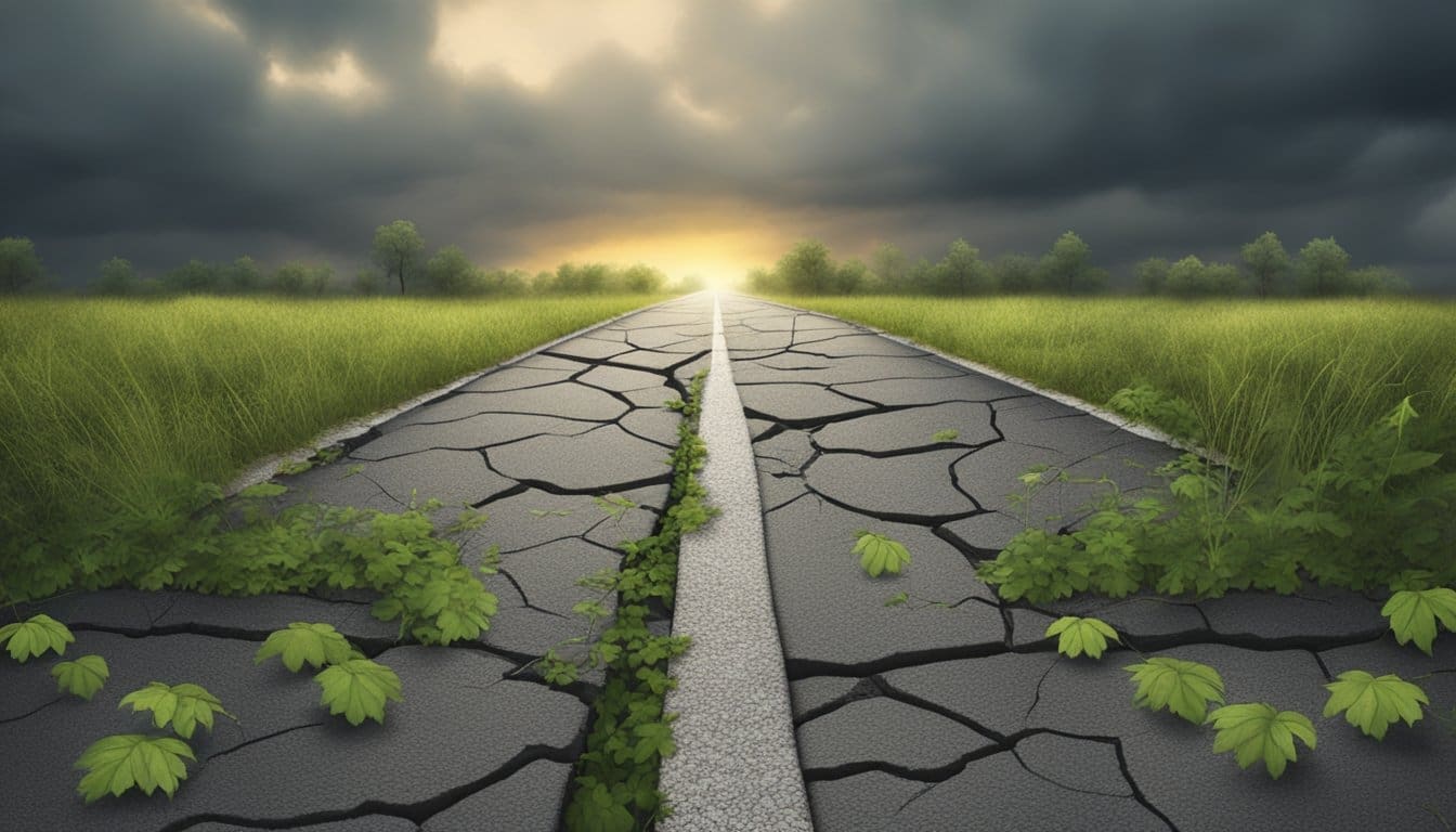 A cracked and pothole-ridden asphalt road stretches out under a gloomy sky, with weeds poking through the crevices