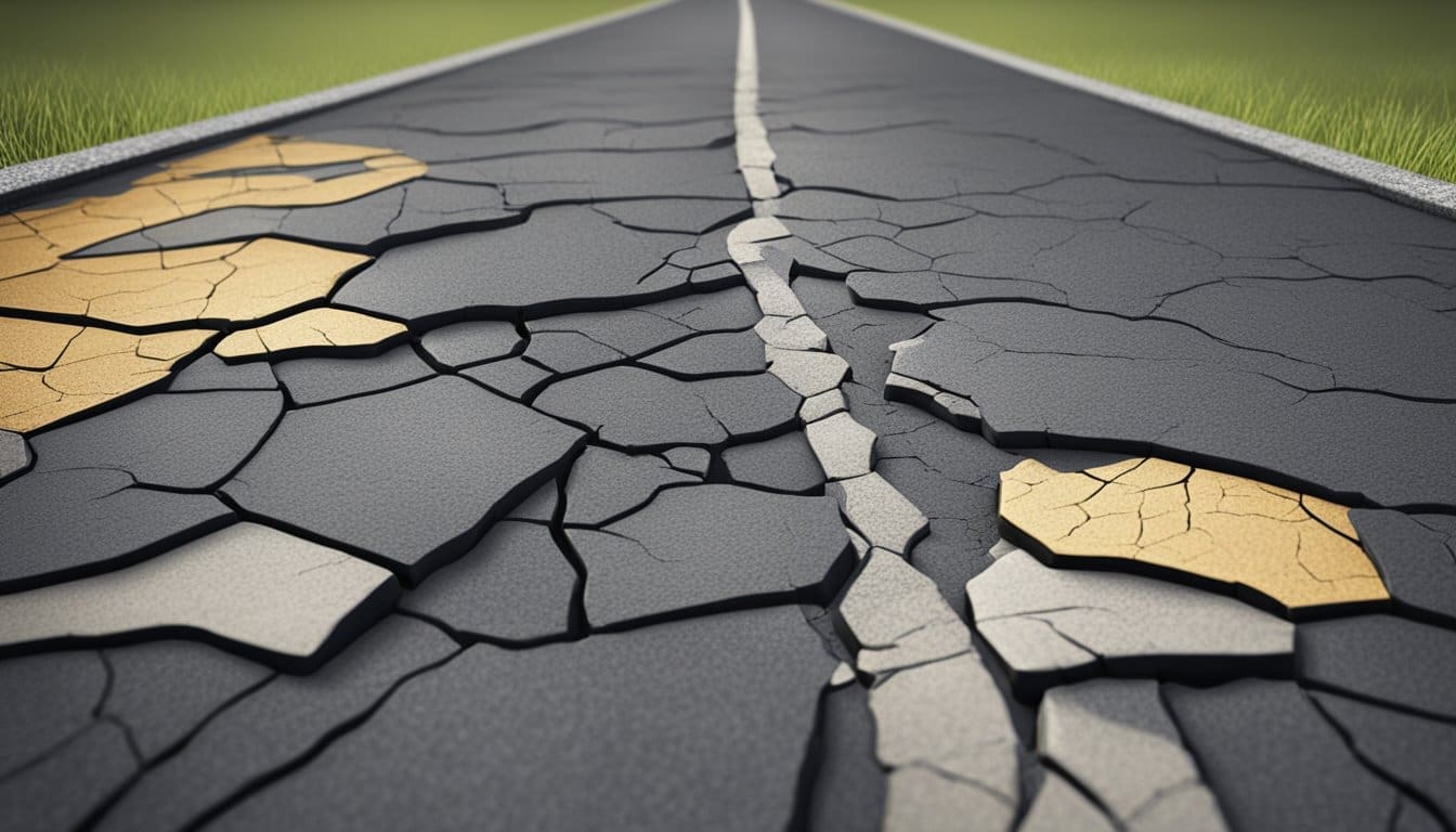 A close-up of a cracked and potholed asphalt road, with various sizes and patterns of damage visible