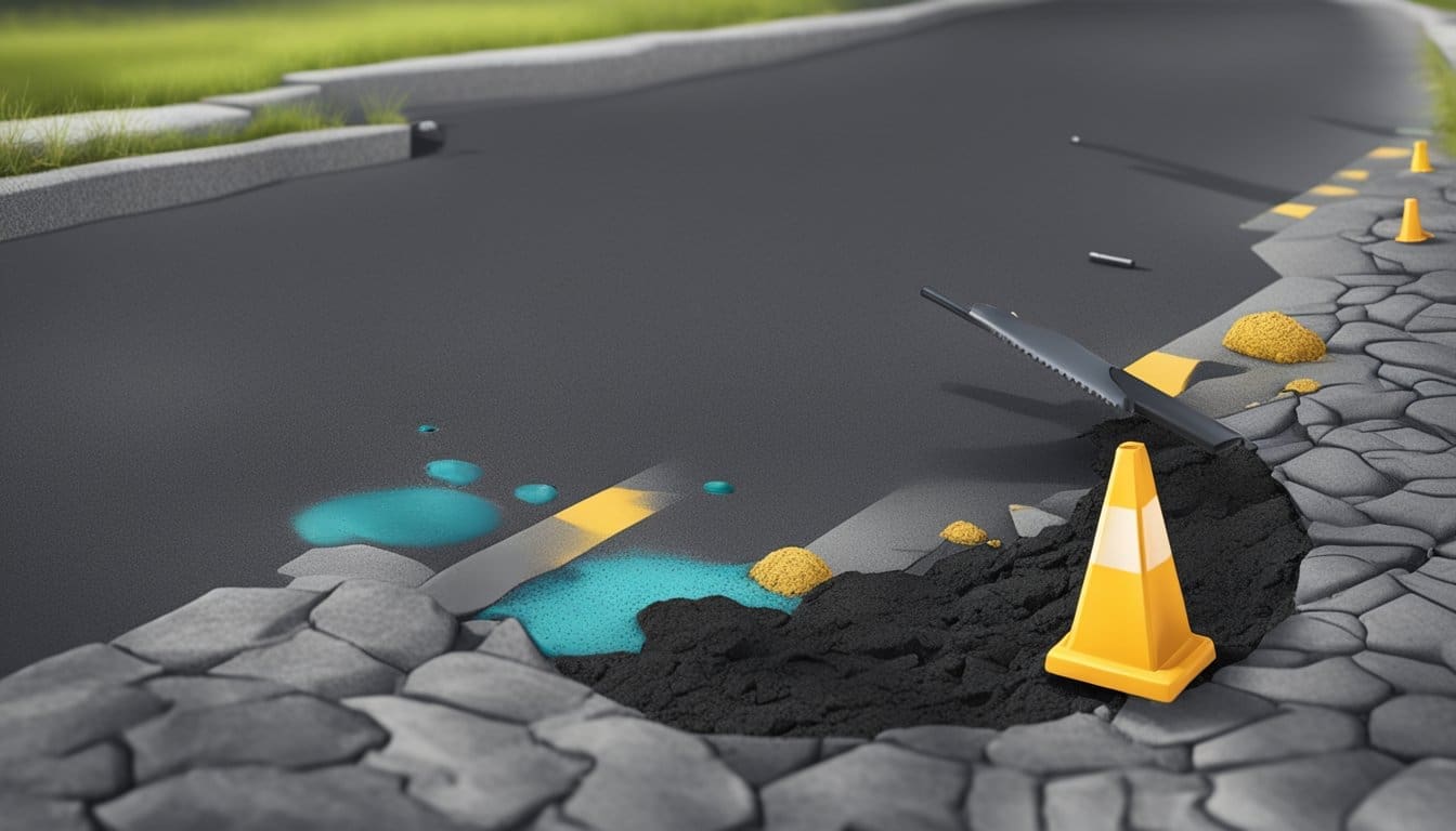 A section of asphalt with visible cracks and potholes, surrounded by tools and materials for maintenance and repair
