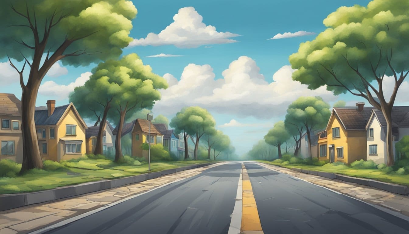 A road with visible cracks and potholes, surrounded by trees and buildings, under a cloudy sky