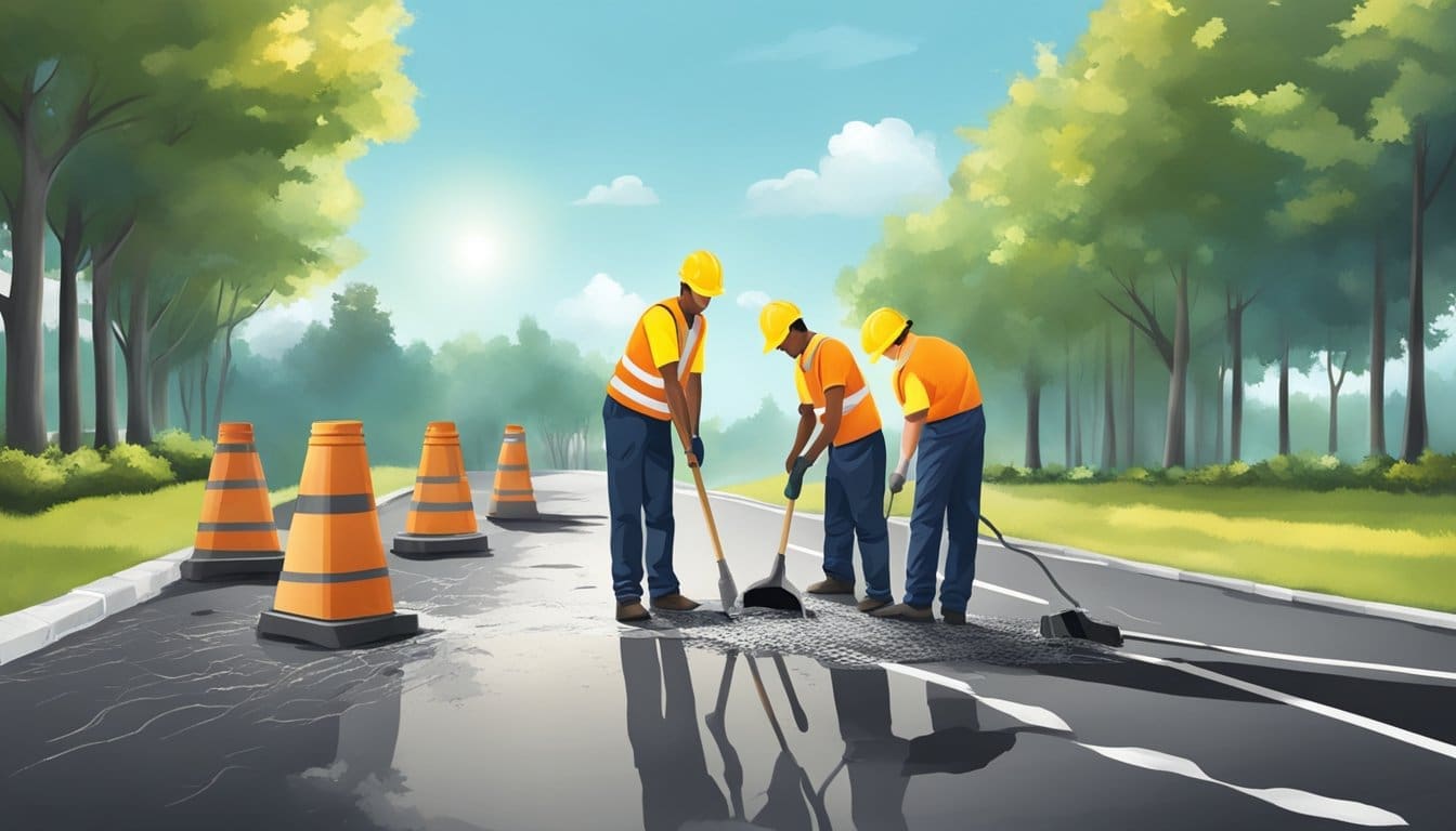 A team of workers resurfaces a road, filling cracks and potholes with fresh asphalt under the bright sun