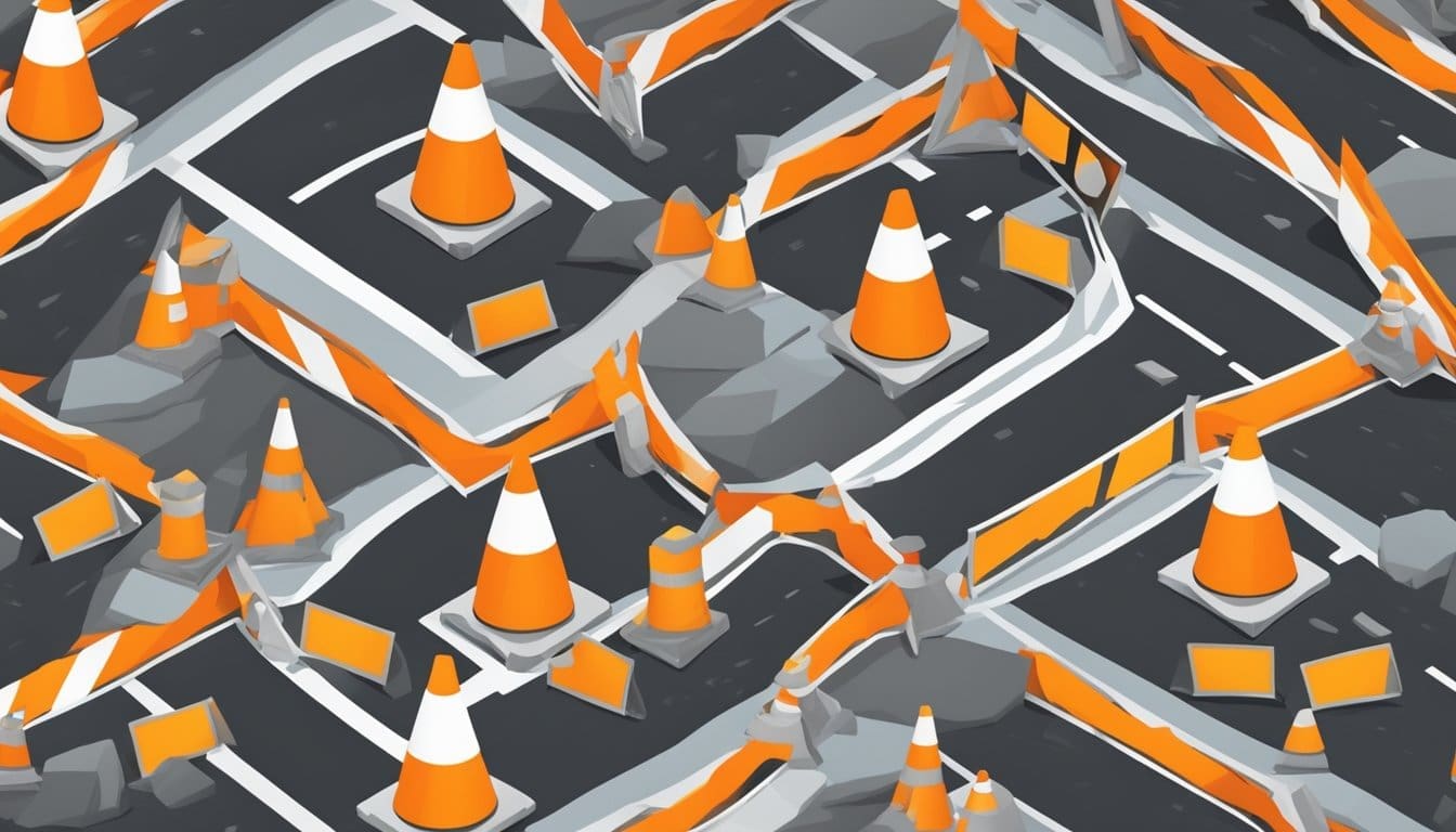 A road with multiple cracks and potholes, surrounded by traffic cones and construction signs